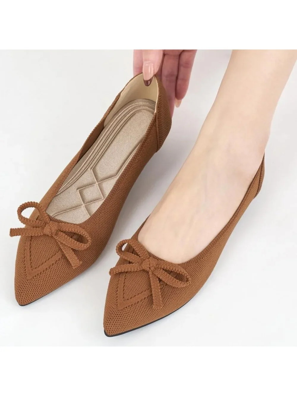 Women's Brown Ballet Flats Shoes Dressy Pointed Toe Bow Knit Flats Comfortable